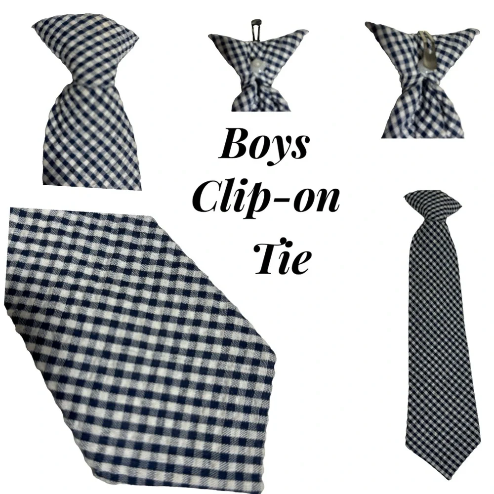 Boys gingham clip on tie blue & white 10.5” long Formal Cosplay Like New or New